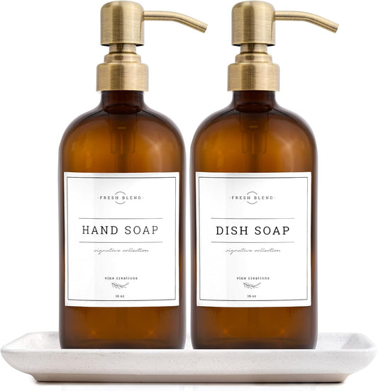 Vine Creations Amber Glass Soap Dispenser, 2 Pack Kitchen Soap Dispenser Set with Ceramic Tray, Stainless Steel Pump, Dish Soap and Hand Soap Dispensers for Bathroom Decor with Waterproof Labels
