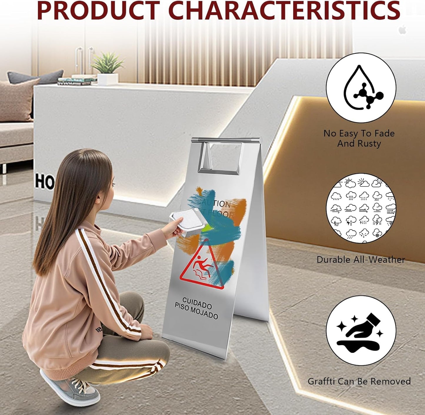 4 Pcs Stainless Steel Wet Floor Caution Sign, 24 Inch Portable Handle Bilingual Signaboard, Commercial Use Foldable Wet Floor Sign for Kitchen, Restaurant, Shop, Silver