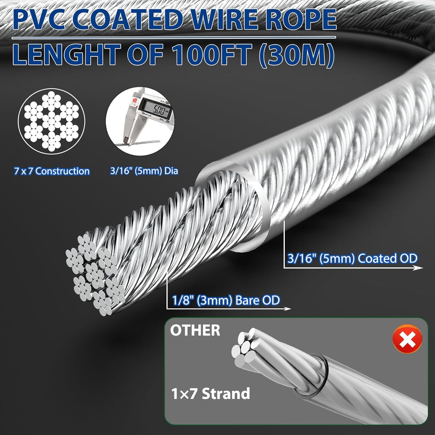 3/16" Wire Rope Kit, 100Ft PVC Coated Steel Cable Guide Wire Tensioner Strainer Kit w/ 7×7 Strand Core Steel Wire for String Light Hanging Kit/Decking & Stair Railings/Shade Sails/Clothes Line