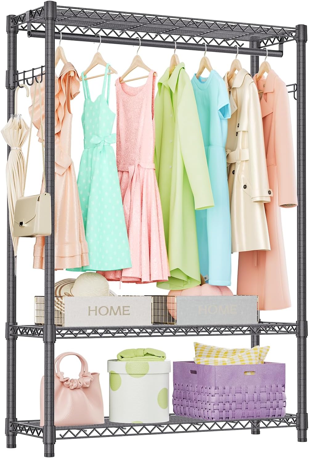 IZEUK 3 Tier Heavy Duty Garment Rack Wire Clothes Rack for Hanging Clothes, Metal Freestanding Closet Wardrobe Rack with 1 Rod and Side Hooks Dark Grey 15.7" D x 45.3" W x 72.4" H