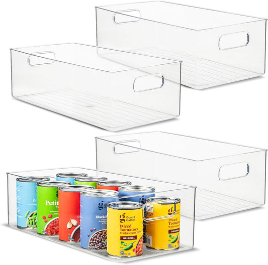 Plastic Food Storage 4 Pack Clear Container Bin with Handles for Organizing Kitchen, Pantry, Refrigerator, Freezer, Pantry, Cabinet, Closet, Bathroom. 14”x8”x5”