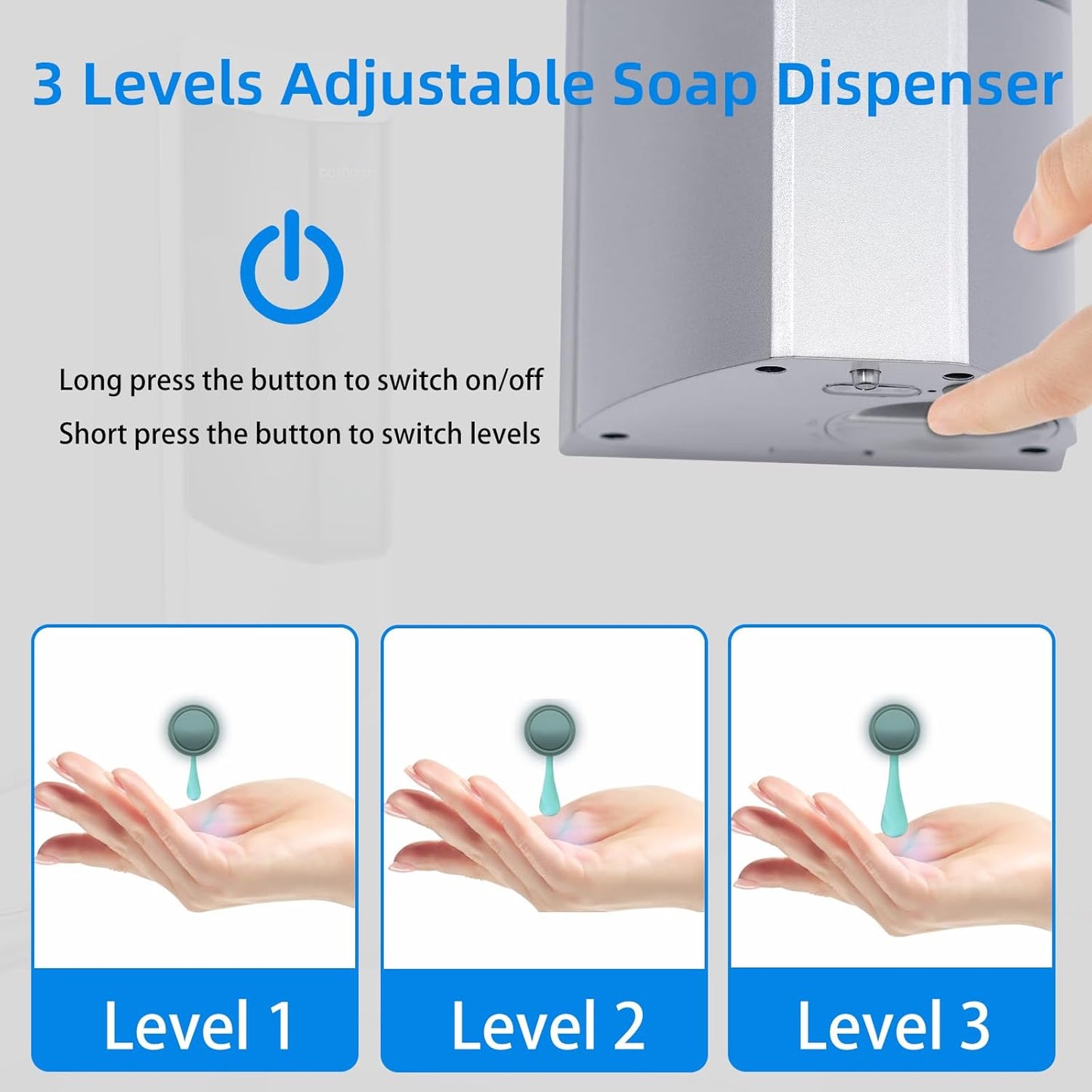 Automatic Soap Dispenser, Wall Mounted Liquid Soap Dispenser 24.6oz/700ml with Infrared Sensor, Touchless Battery Operated Hand Soap Dispenser with 3 Adjustable Soap Levels for Bathroom (Silver)
