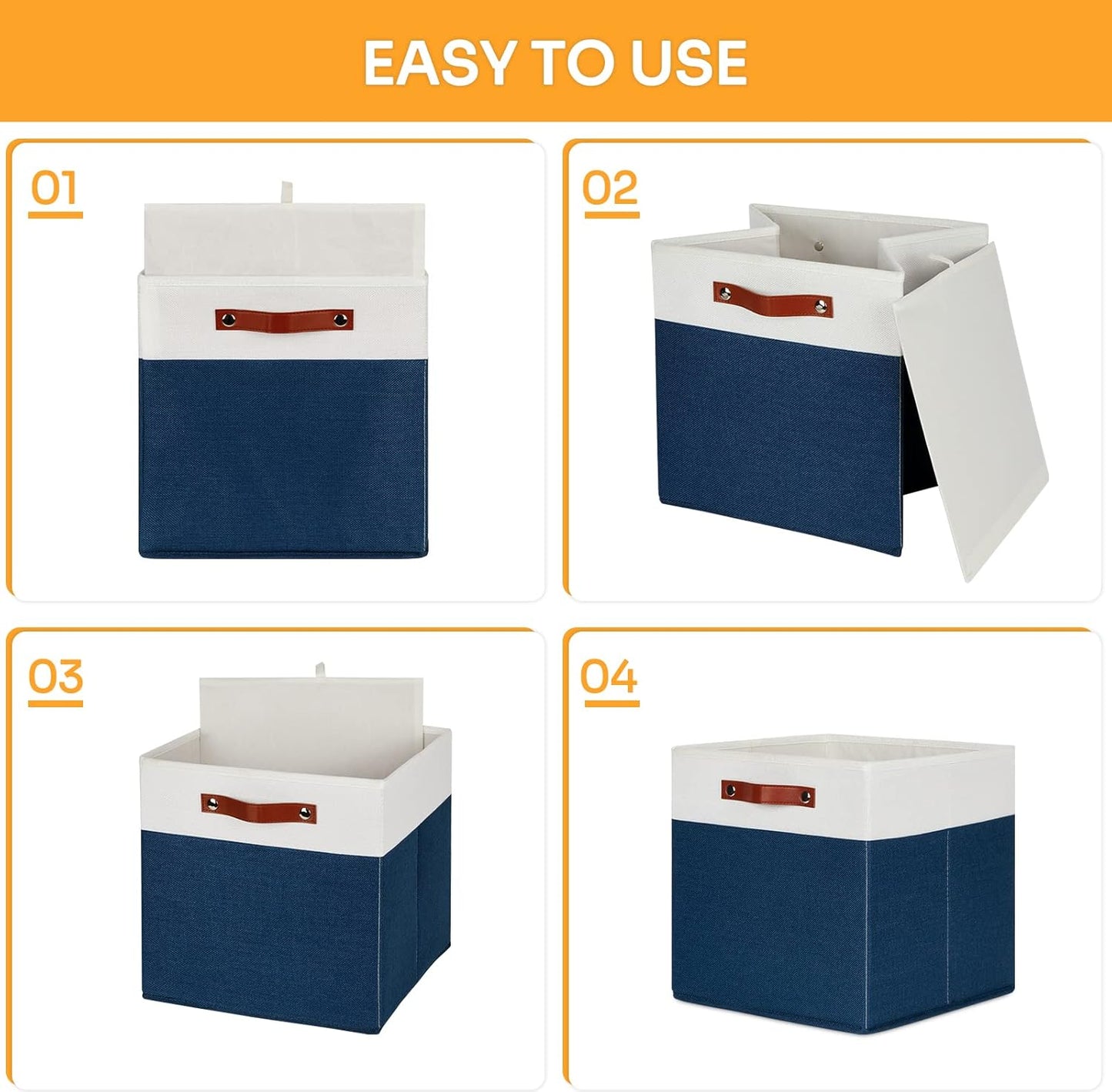 DULLEMELO 13 inch Cube Storage Bins, Gift Baskets Empty for Boy Girl Mother Father Christmas Festival,Fabric Storage Bins Cube Organizer Baskets With Leather Handles(White&Blue-4 Pack)