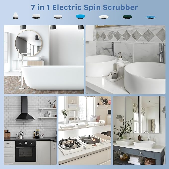 Electric Spin Scrubber, Hillyfe Bath Scrubber for Cleaning with 7 Replaceable Brush Heads, IPX7 Waterproof,300/400 RPM, 3 Adjustable Size,Cordless Shower Cleaner Brush for Bathroom Floor,White