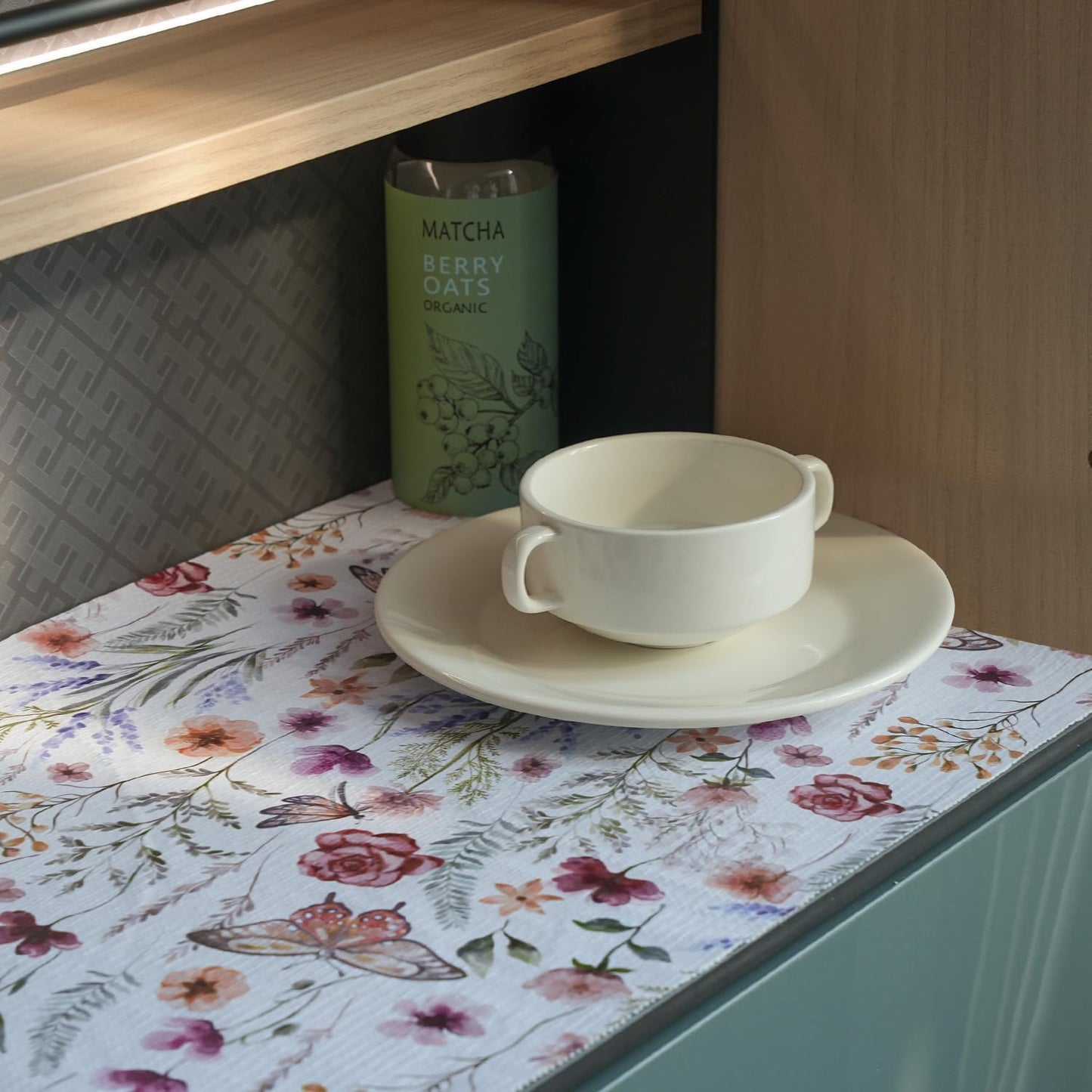 Floral Shelf and Drawer Liner for Kitchen Cabinets,12IN x 20FT Non-Adhesive and Strong Non-Slip Cabinet Drawer Liners for Kitchen Shelf, Waterproof Cupboard Liners,Easy to Clean