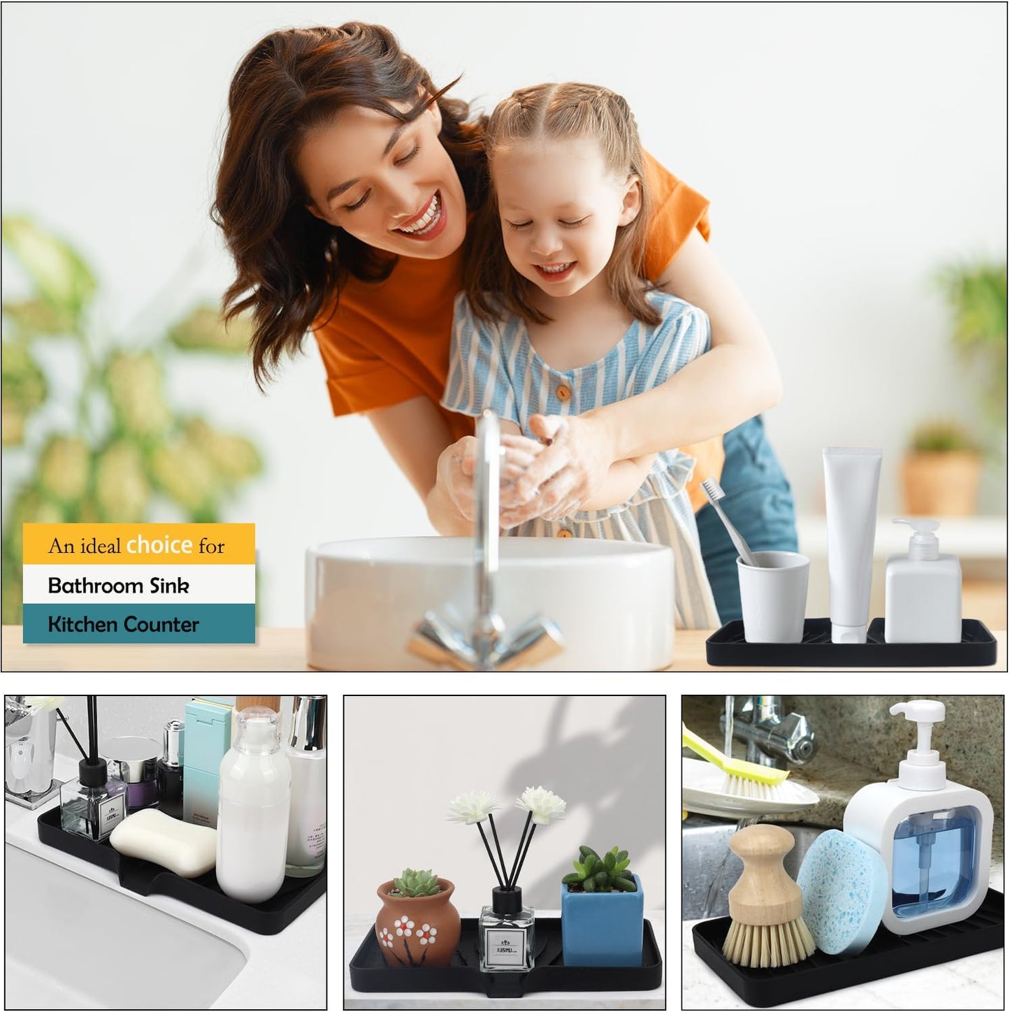 YASMEN Silicone Bathroom Soap Dishes, Sink Sponge Holder for Kitchen, Rubber Soap Dish with Drain, Shower Soap Sponge Tray, Sink or Counter Organizer, for Bar Soap, Bottle, Dish Soap Dispenser-Black