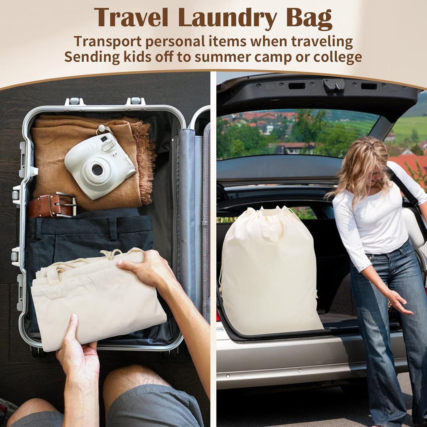 Canvas Laundry Bag with Handles & Drawstring Closure 27.5”x35", Thick Cotton Laundry Bag Heavy Duty Washable Dirty Clothes Travel Sack for Camp, College Dorm, Laundromat (Beige L, 2 Pack)