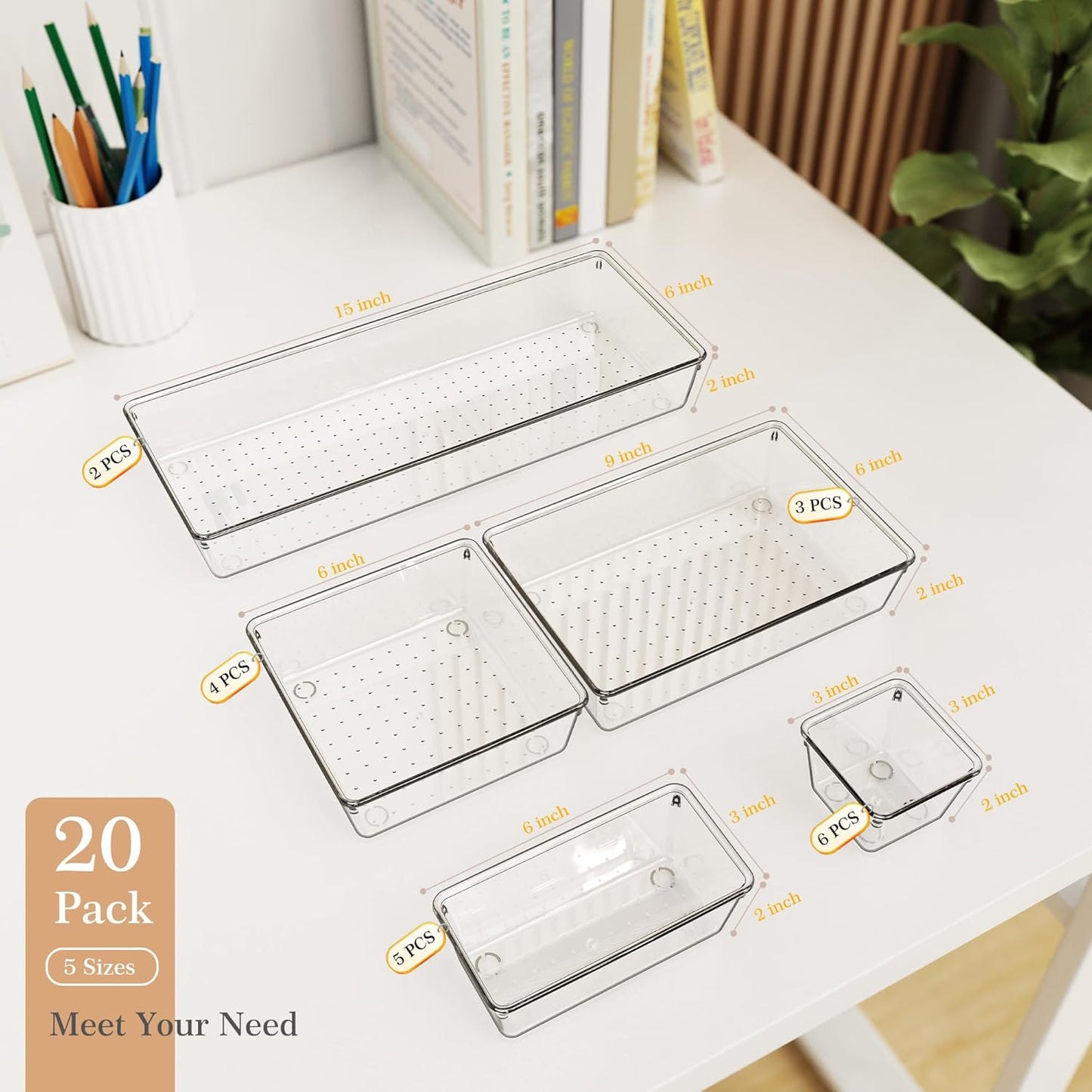 Criusia Drawer Organizer, 5-Size Versatile Bathroom and Vanity Organizer Trays, 20 Pack Clear Plastic Kitchen Drawer Organizers Set, Storage Bins for Makeup, Bathroom, Jewelries and Office