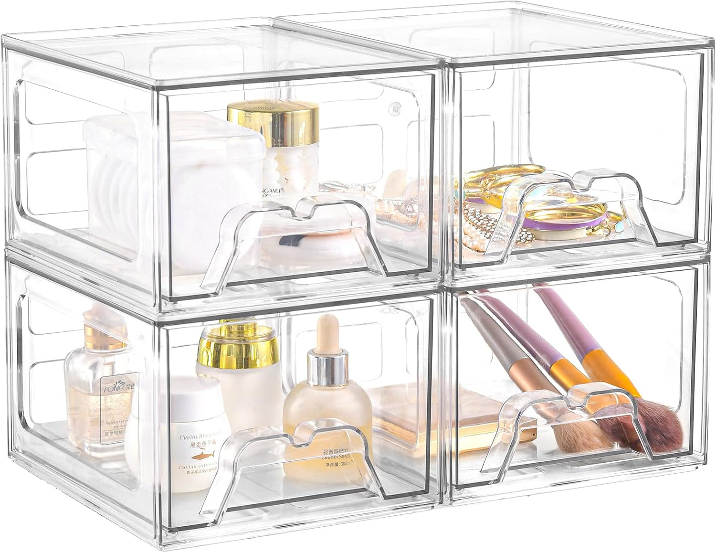 Plastic Drawers Storage, 4 Pack Clear Stackable Storage Drawers, Acrylic Storage Bins with Drawers for Fridge Organizers, Small PlasticDrawers Stackable for Makeup Organizers Cosmetic Display