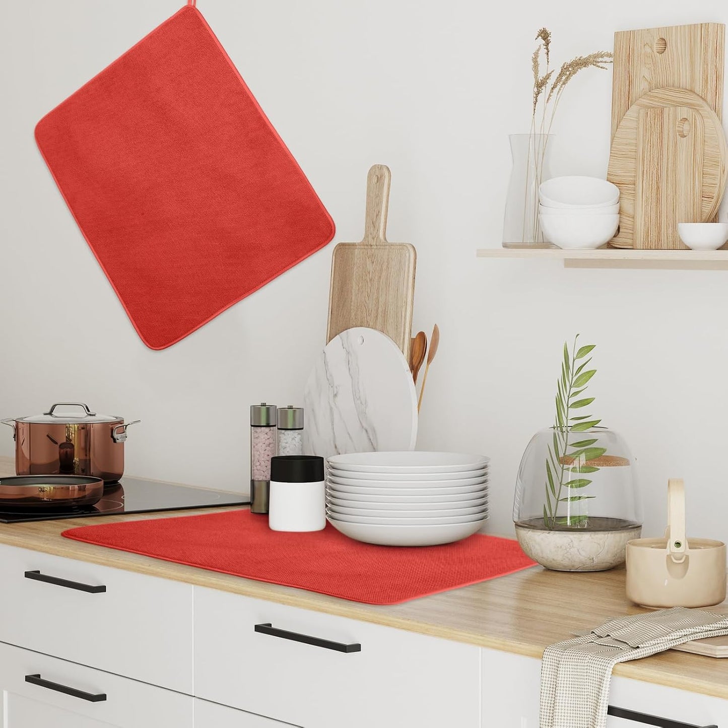 Hushee 2 Pack Extra Large Dish Drying Mat Microfiber Absorbent Dish Drying Pad Large Size Dishes Drainer Mats for Countertop, Sink, Refrigerator or Dryer (30 x 24 Inch,Red)