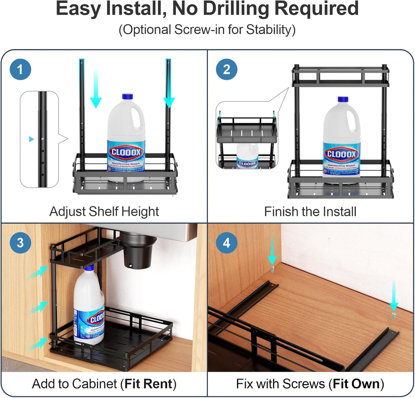 iSPECLE Under Kitchen Sink Organizer - 2 Tier Pull Out Under Sink Organizer Expandable Width Add Storage Space, Adjustable Height Easy Get Items without Digging, No Drilling Under Sink Storage