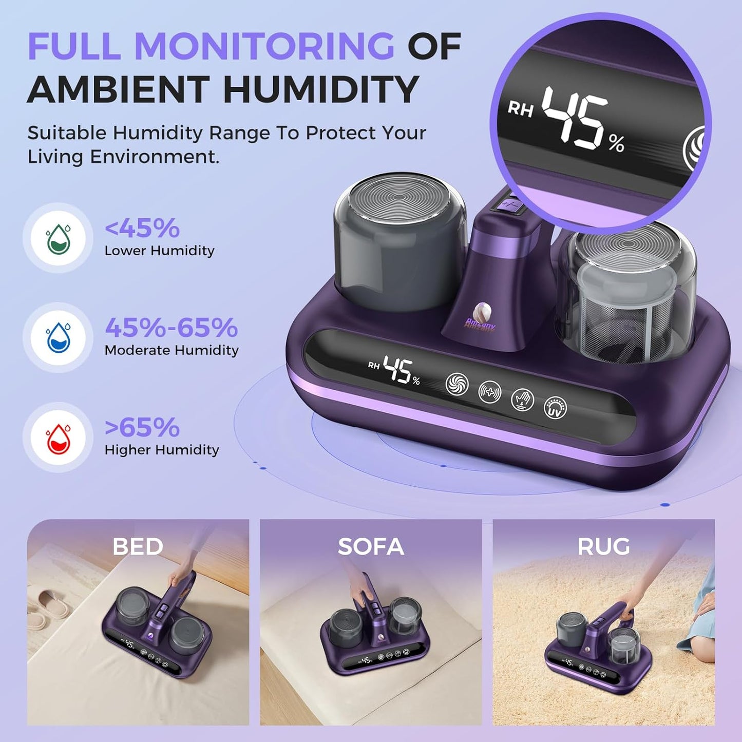 Mattress Vacuum Cleaner - 5-in-1 Cordless Bed Vacuum Cleaner, Powered by UV-C Light & Ultrasonic Technology, 16Kpa Strong Suction,Low Noise,Suitable for Dust, Pet Hair, Etc - Purple