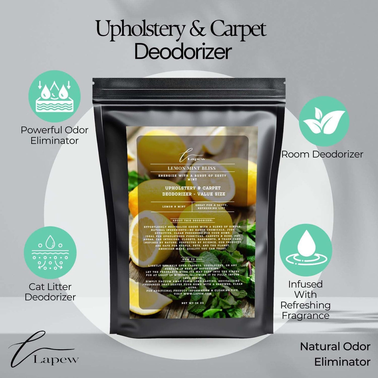 Lemon Mint Bliss Carpet Freshener Powder Refill 36 oz | Powerful Odor Eliminator for Home | Upholstery Deodorizer | Carpet Deodorizer | Pet Urine | Cat Litter Box