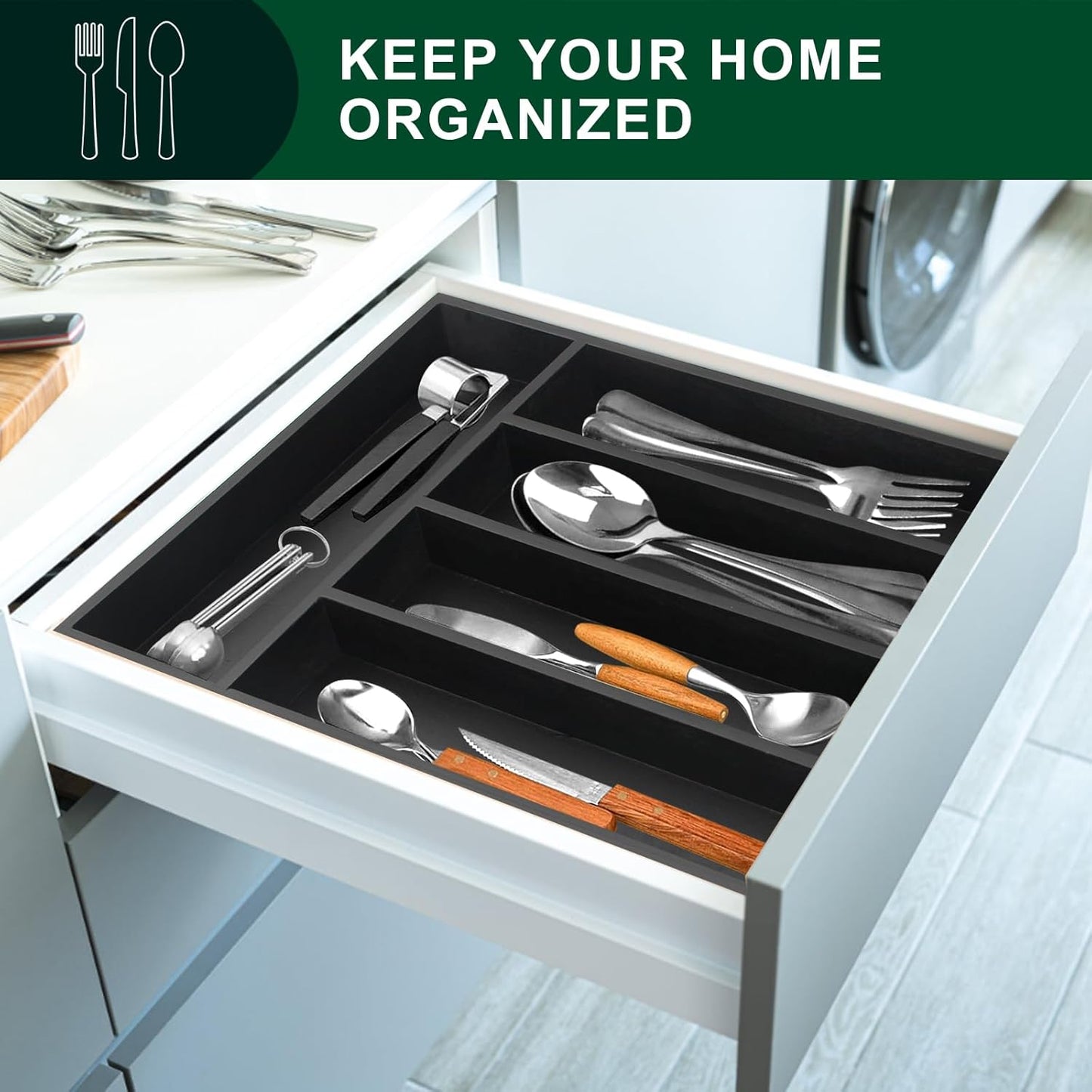 Small Silverware Organizer Utensil Tray 13"x9" Kitchen Drawer Organizers and Storage Wooden Utensil Holder Drawers Divider Narrow Black Cutlery Tray for Spoon Forks Bamboo Flatware Cutlery Organizer