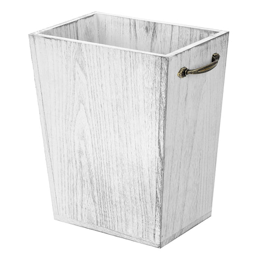 Wood Wastebasket Trash Can Rustic Farmhouse Square Garbage Container Bin with Decorative Metal Handle for Bedroom, Living Room, Bathroom & Office