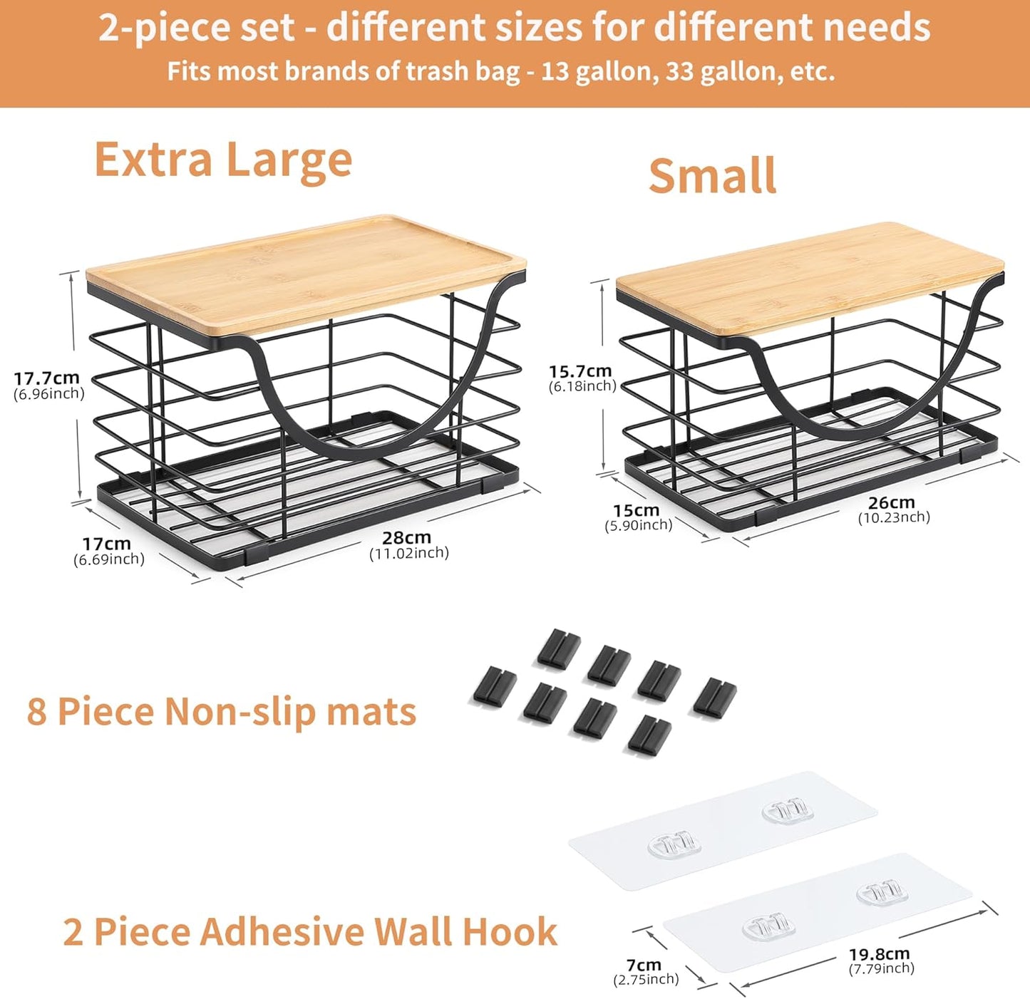 Extra Large Trash Bag Holder Under Sink 2 Pack Stackable Kitchen Storage with Bamboo Lid, Garbage Bag Dispenser Roll Holder, Pantry Organizers Wall Mounted Laundry Room Organization Storage