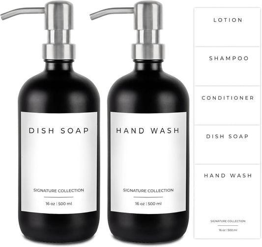 Emerson Glass Soap Dispenser Set - Kitchen & Bathroom, 2 Pack with Pump and Labels - 16 Oz