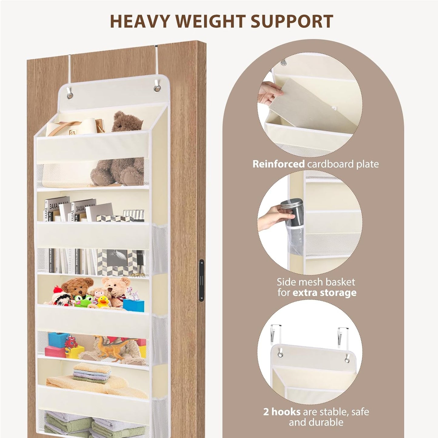QINGUANG Over The Door Organizer,Hanging Organization and Storage, Behind Door Organizer with Side Pockets, 35 lbs Capacity,Anti Tilt, for Nursery, Bathroom, Bedroom,Dorm 4-Shelf Beige