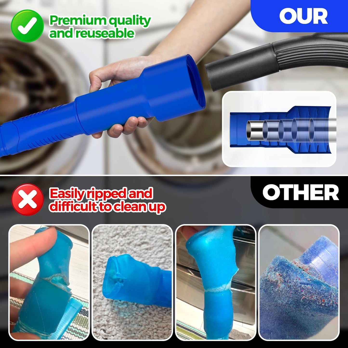 Holikme 2 Pieces Dryer Vent Cleaner Kit, Dryer Lint Vacuum Attachment and Flexible Dryer Lint Brush, Dryer Vent Vacuum Hose Attachment,Dark Blue