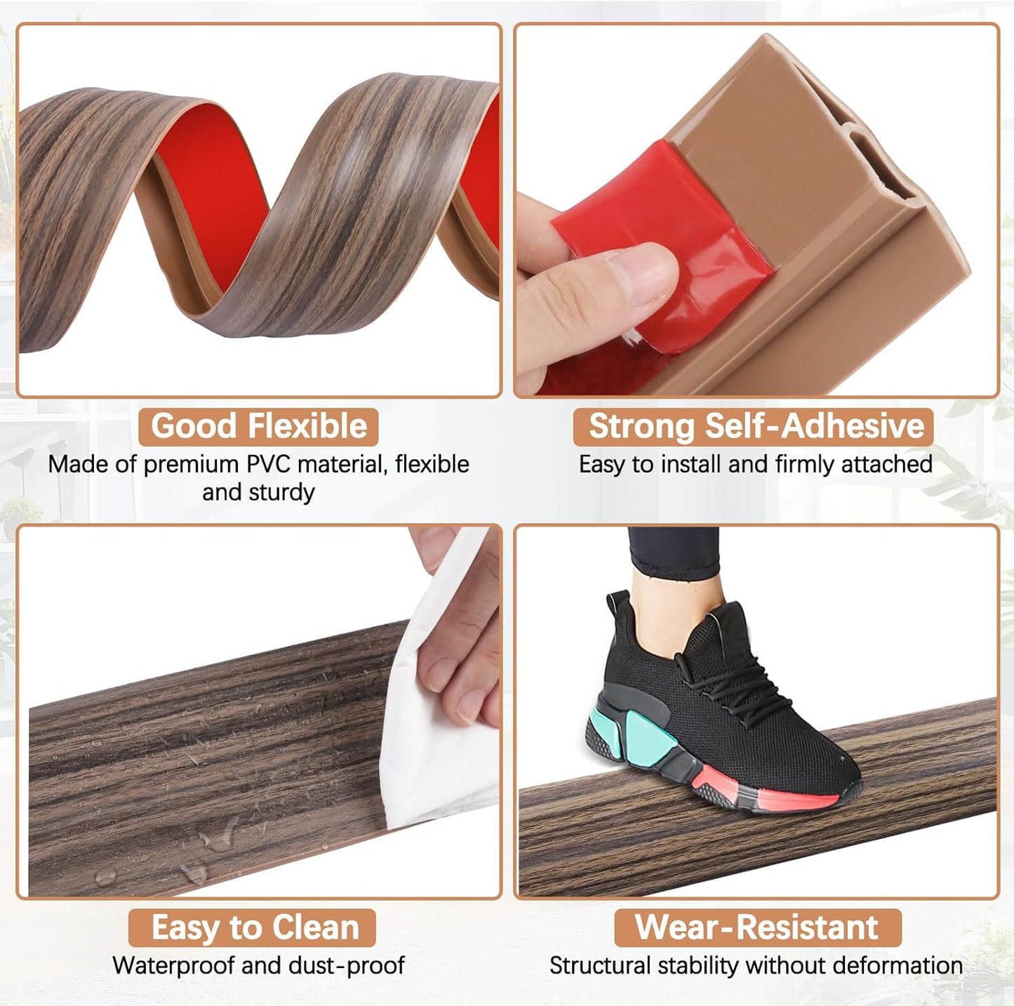 Vinyl Door Threshold Flooring Transition Strip Self Adhesive Carpet Edging Strip for Laminate Doorway Edge Threshold from 2/5" to 3/5" (Grayish Brown Wood Grain, 6.6 Ft)
