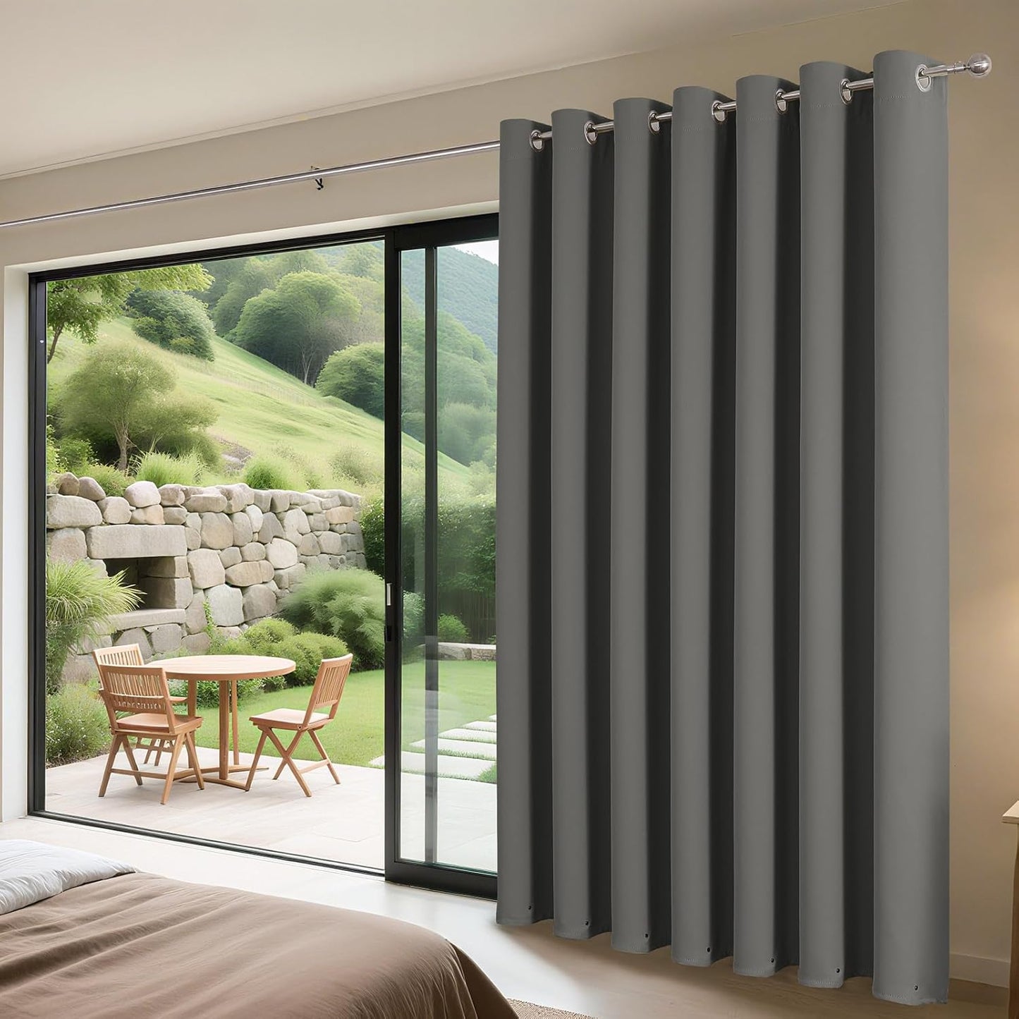 Joydeco Blackout Patio Sliding Door Curtains 96 Inches Long, Grommet Privacy Room Divider Curtains, Extra Wide Thermal Blackout Drapes for Bedroom Living Room (Light Grey, 70Wx96L, 1 Panel)