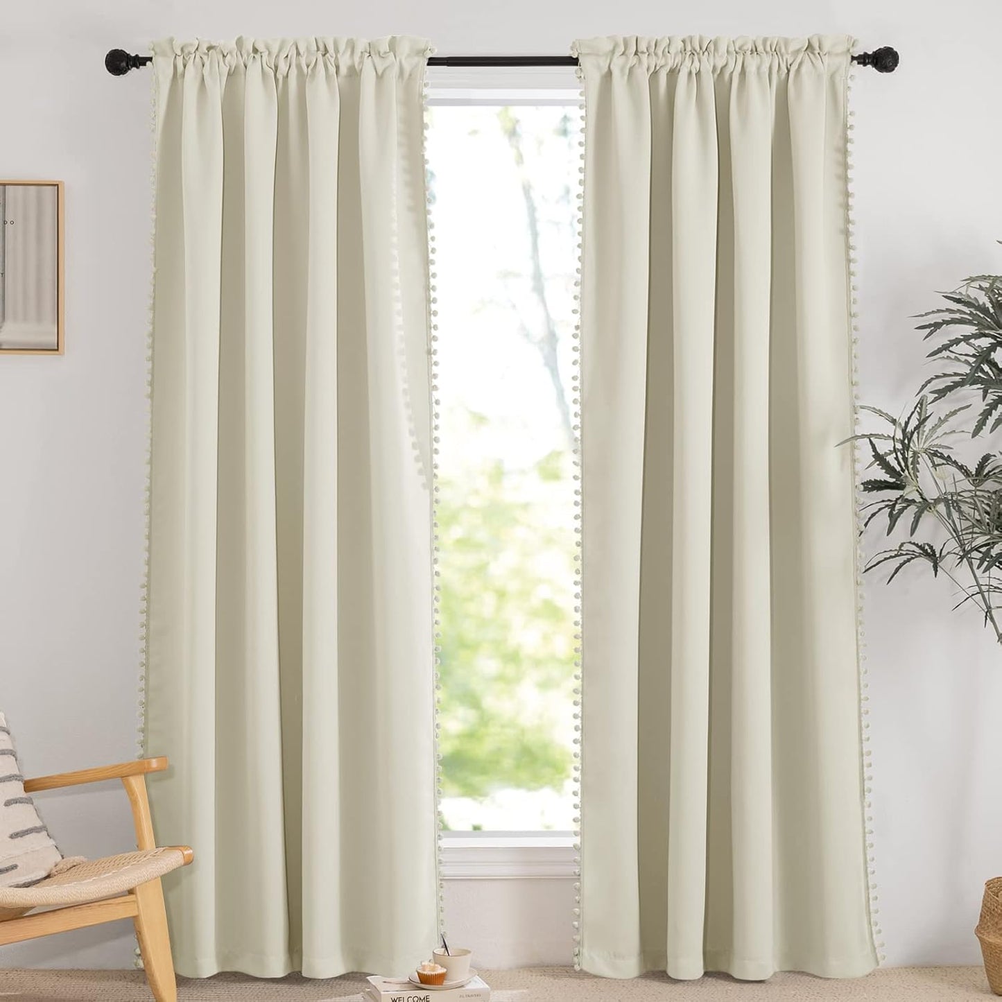 RYB HOME Bedroom Curtains 84 Inches Long Kids Curtains Blackout Window Drapes with Pom Pom Balls Lights & Heat Blocking Drapes for Girls Boys Kitchen Farmhouse, Beige, W52 x L84, Set of 2