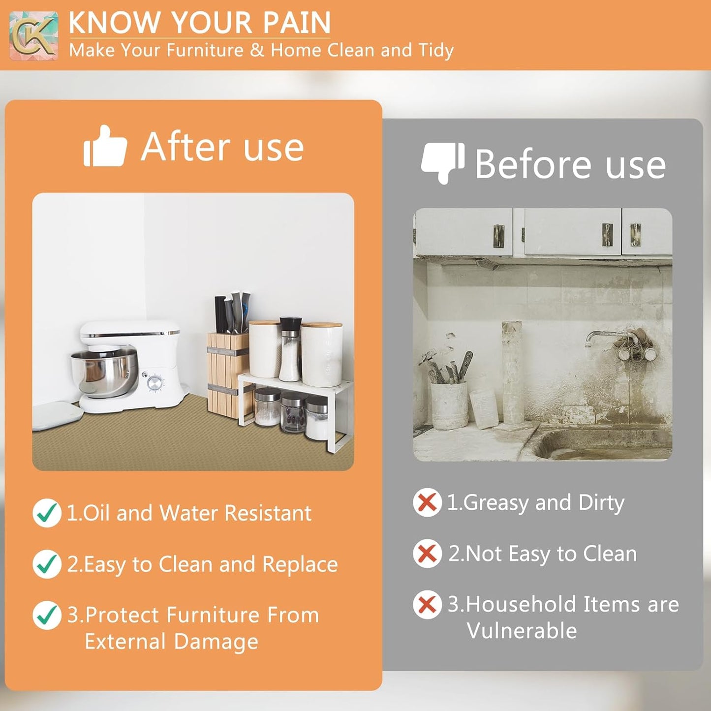 Self-Adhesive Shelf Liner Kitchen Liner, Waterproof Backed Paper Easy Peel and Stick Contact Liner Without Residue for Decor Your Desk Surface, Kitchen Countertops (Dark Khaki, 23.6 x 393.7 inches)