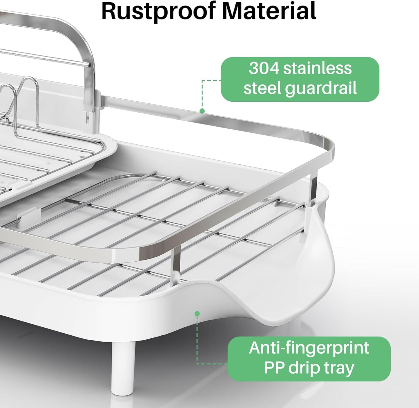 SAYZH Dish Drying Rack - Expandable Dish Rack for Kitchen Counter, Rust-Resistant Dish Drainer with Utensil Holder and Raised Guardrail, Kitchen Organizer for Cup and Bottle (White)