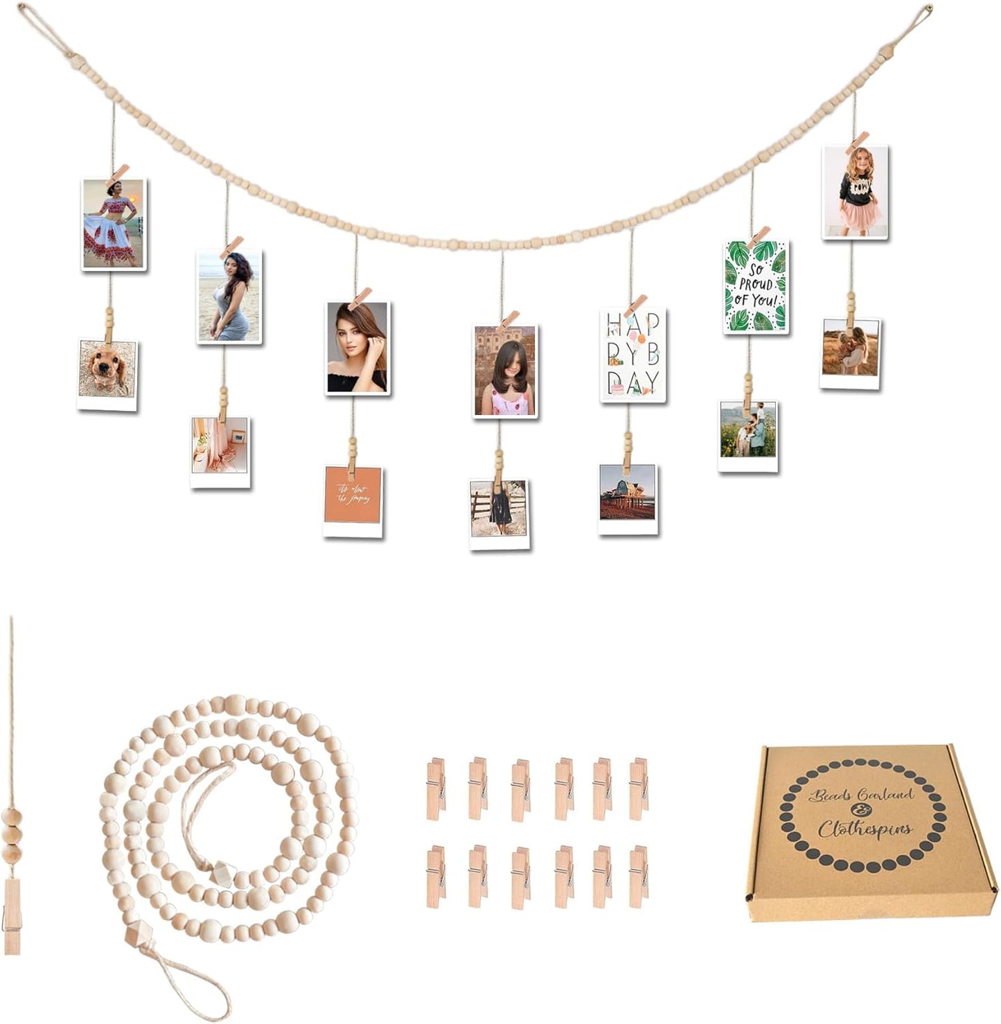 4 Feet Wooden Beads Garland with Clothespins Picture Cards Holder - Country Farmhouse Christmas Nursery Boho Holiday Decorations with Clips