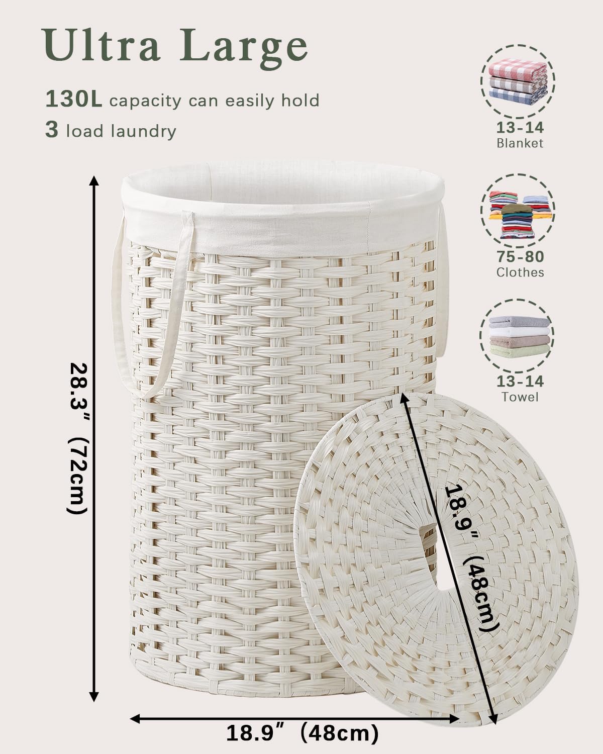 Large Laundry Hamper Laundry Basket Round 34.3 Gal (130 L) Handwoven Wicker Laundry Baskets Rattan Laundry Basket with Laundry Bag Handles 2 Mesh Bags for Living Room Bedroom White