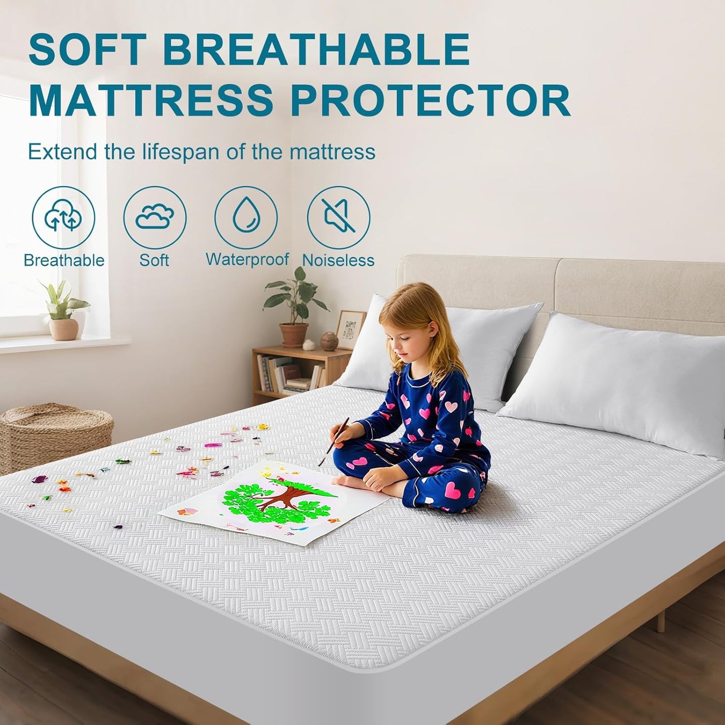 Waterproof Mattress Protector Queen Size - Breathable, Noiseless, Ultra-Soft Bed Cover, Mattress Pad Cover with Deep Stretchable Pockets 8"-21" (White)