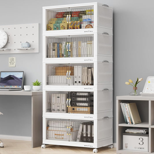 BROVIEW 300Qt Stackable Storage Bins with Lid, Extra Large Closet Organizer Collapsible Drawer Boxes with Wheels, Folding Plastic Cabinet Containers for Home Kitchen Room Organization, 5Pack White