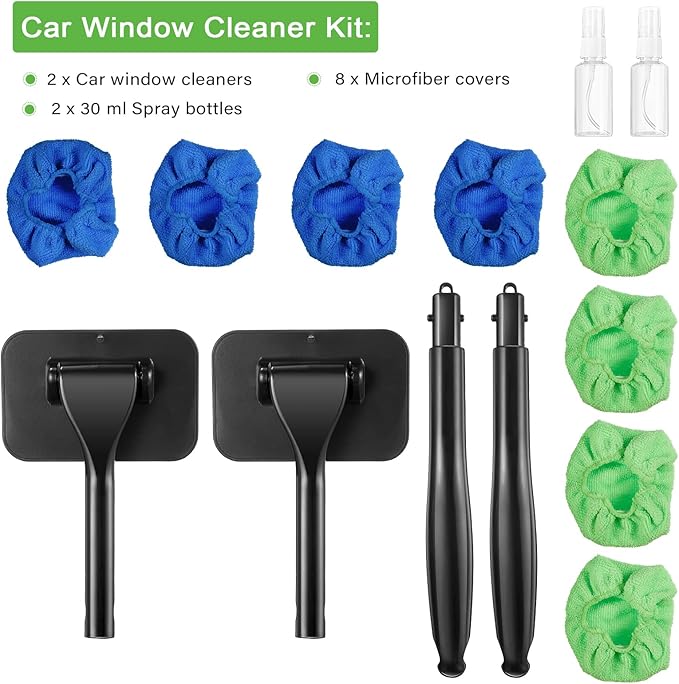 Frienda 2 Set Windshield Cleaner Tool Inside Car Windshield Cleaning Wand Auto Window Cleaner with Detachable Handle, 8 Reusable Microfiber Pads and 2 Spray Bottles for Car Interior(Blue, Green)