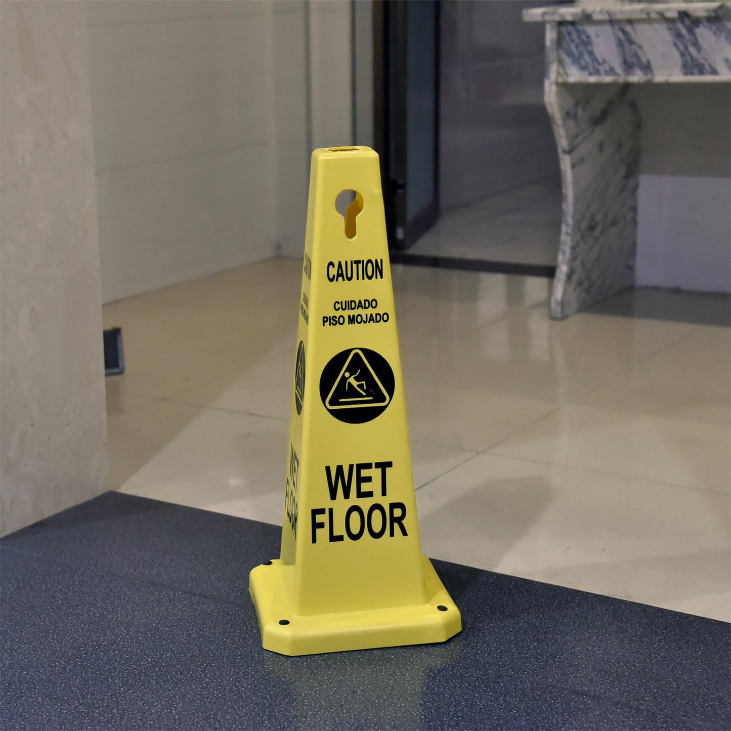 Plastic Traffic Cones, 4-Sided Message Cones, Road Safety Parking Cones, Standing Traffic Warning Signs for Cleaning Area, Garage, No Entry (8, Caution Wet Floor, Large)