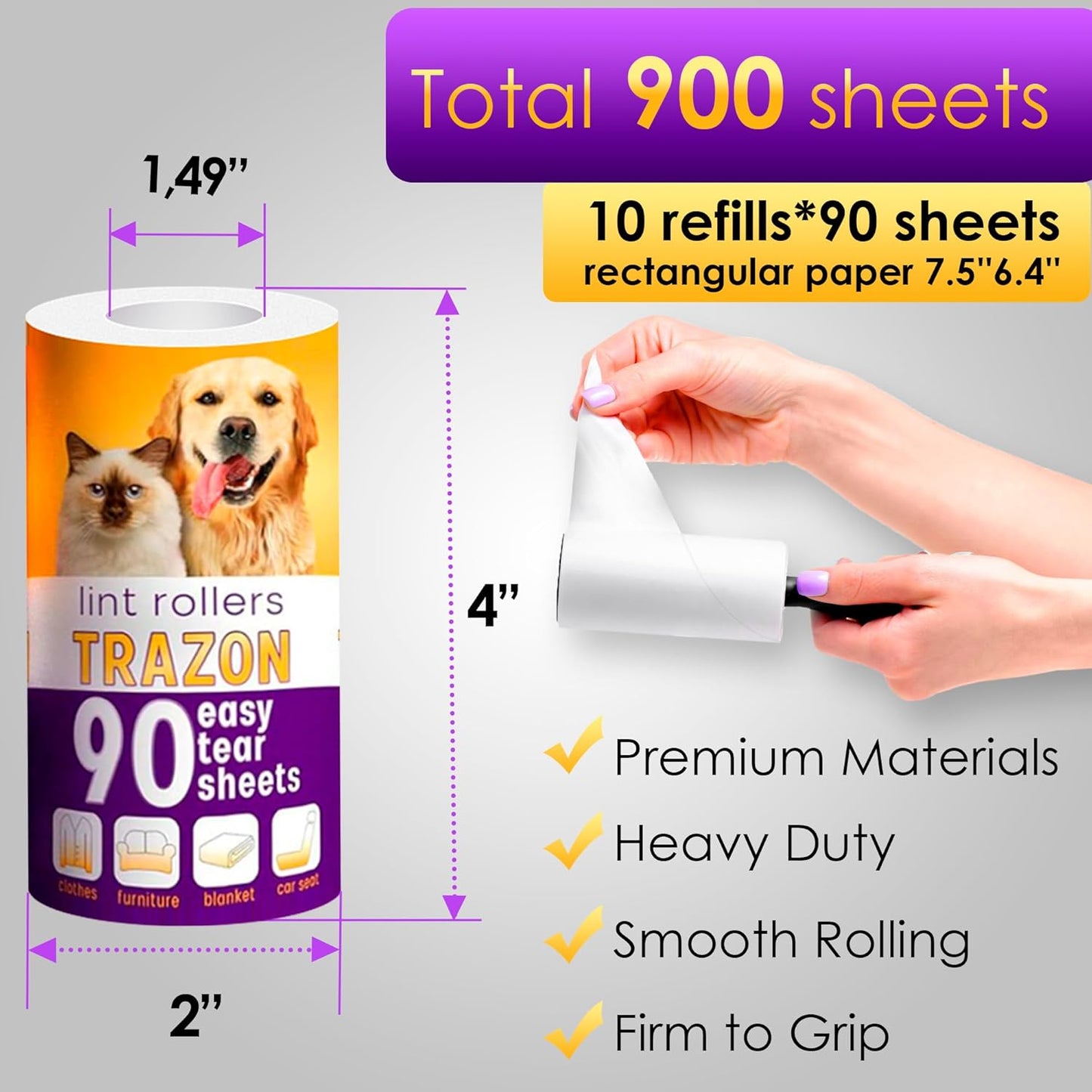 Lint Rollers Pet Hair Value 10 Pack of 900 Sheets / 10 Refills, Sticky Roller Pet Hair, Lint Remover Dog/Car Hair, Fuzz, Animal Fur, Large Lint Removal Roller Clothe, Couch, Furniture