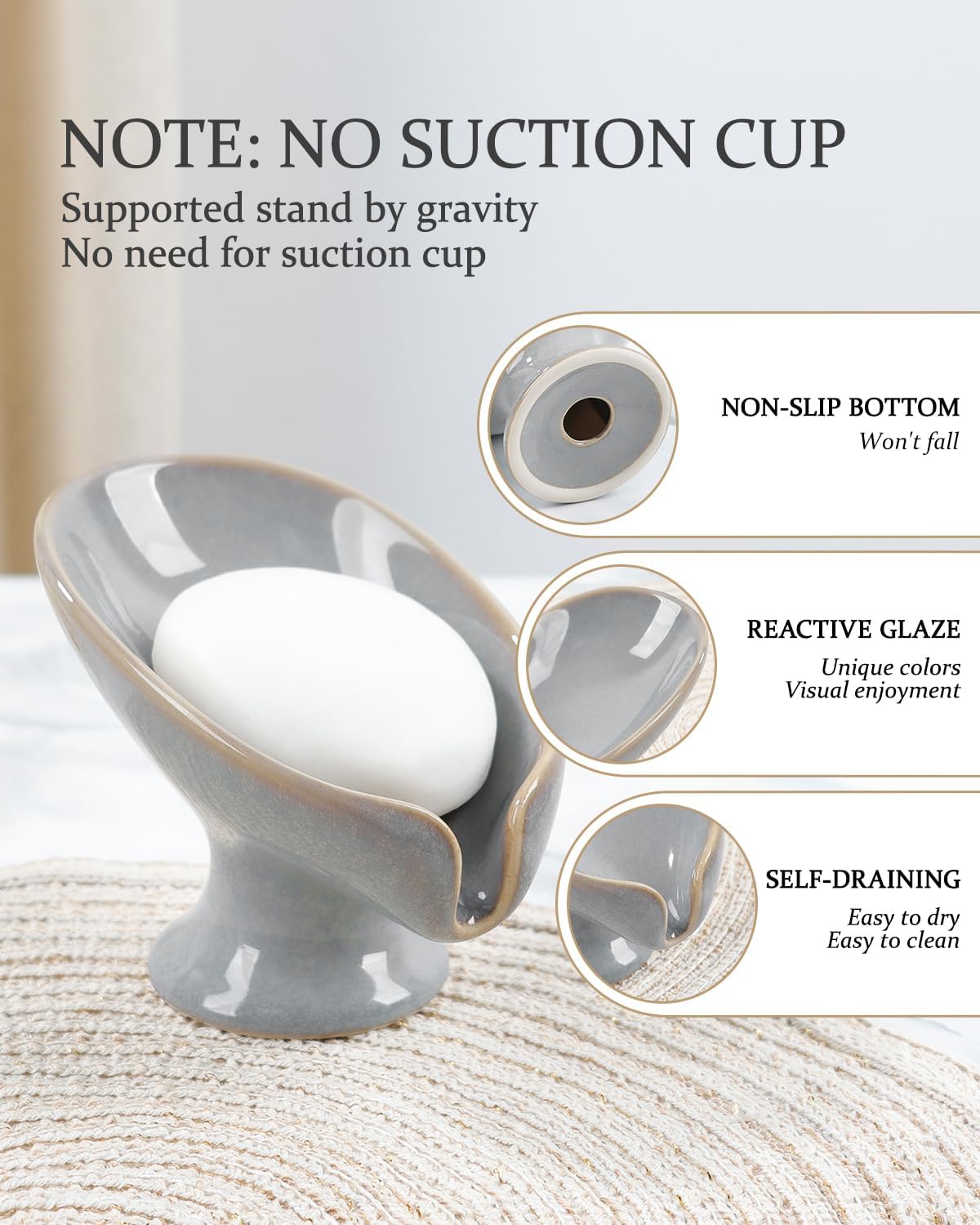 Soap Dish, Self Draining Bar Soap Holder for Bathroom Sink, Leaf Shaped Drainage Ceramic Porcelain Decorative Soap Dish, No Suction Cup, Kiln Stone Gray, ANTIS'S HOME