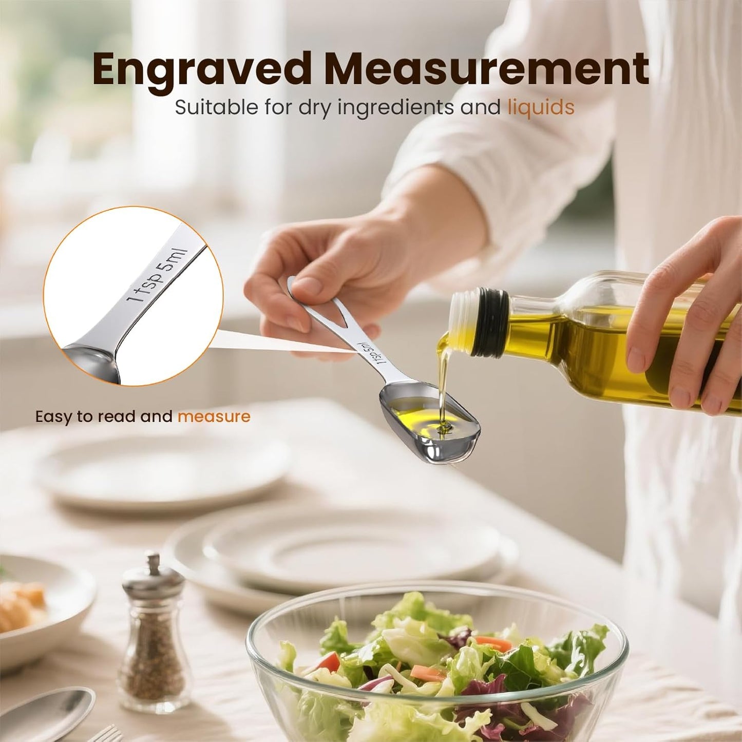 6PCS Narrow Measuring Spoons Set, Stainless Steel Measuring Spoon Fits in Spice Jars, Metal Teaspoon Measuring Spoons, Rectangular Tablespoon, Long Measuring Spoons for Dry & Liquid Ingredients