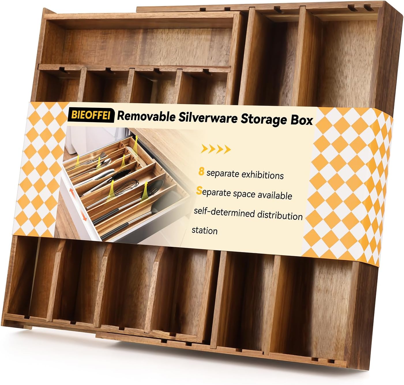 Acacia Wood Silverware Drawer Organizer, 21 Inch Adjustable Cutlery Tray for Kitchen Utensils, Silverware Flatware Storage Box with 5 Detachable Dividers(8-Compartment)