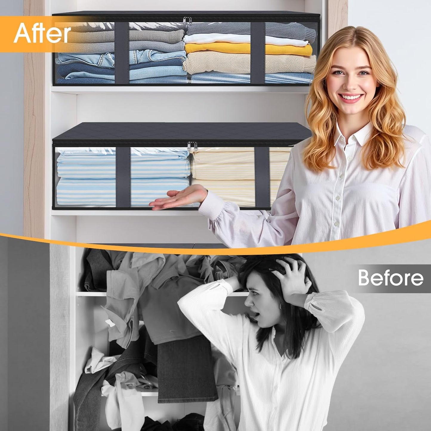 StorageRight Under Bed Storage Bins, 6-Pack 40L Foldable Fabric Storage Bags with Transparent Window, Breathable Organizer for Clothes/Blanket/Comforter/Quilt, Grey