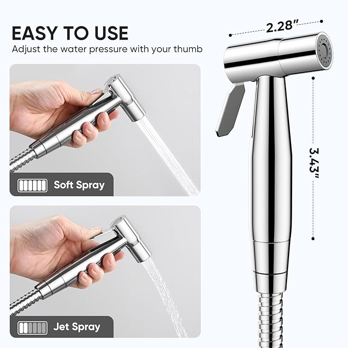 Arofa Chrome Handheld Bidet Sprayer for Toilet - Stainless Steel Cloth Diaper Jet Spray, Adjustable Water Pressure Control With Spray Hoses for Baby/Feminine Wash