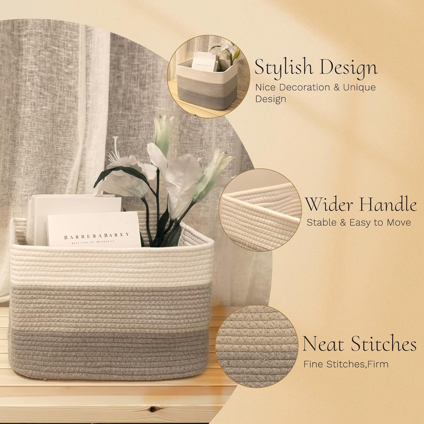 Hopegiver Woven Storage Baskets 15x11x10 Inch, 3 Pack Collapsible Cube Storage Bin for Shelves - Foldable Cotton Rope Organizer Bins for Towels, Toys, Books, Closet, Nursery (White Light-Gray Gray)