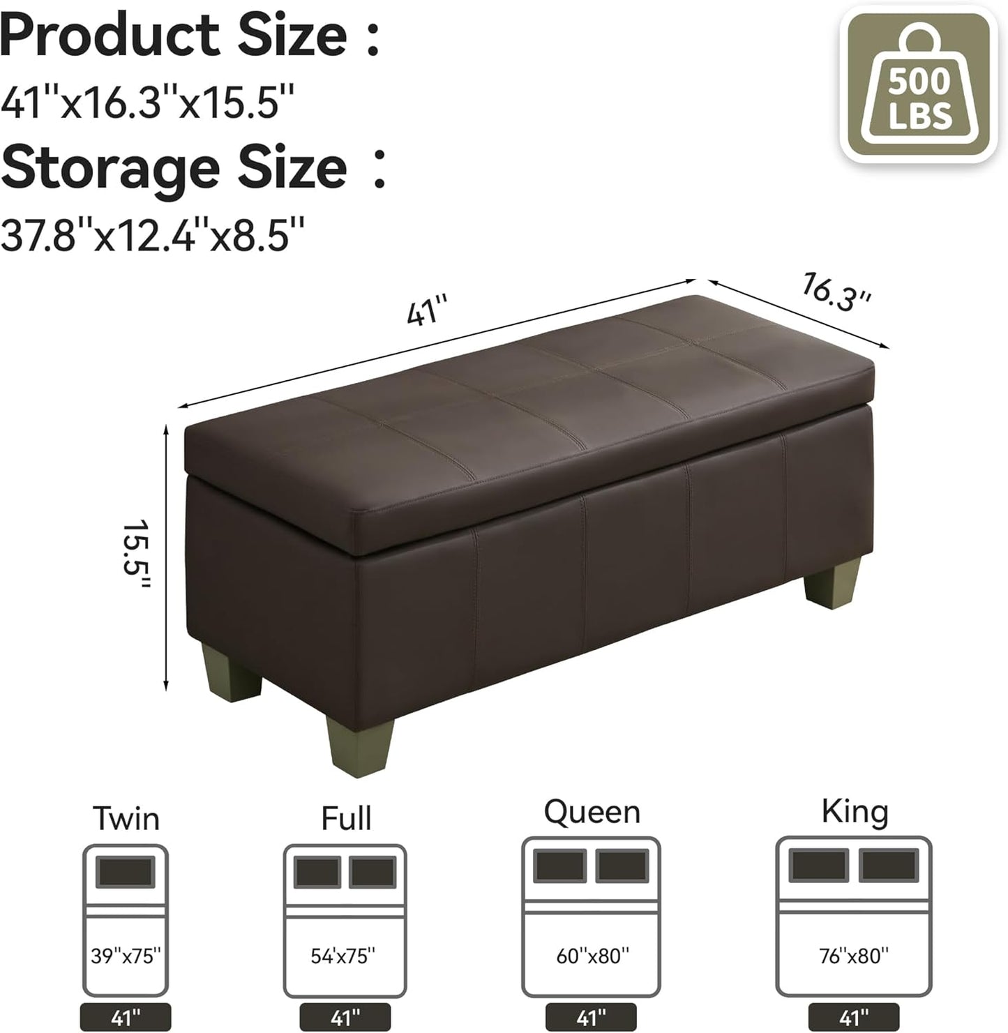 41" Faux Leather Storage Ottoman, Stitch Tufted Rectangle Upholstered End of Bed Storage Bench, Entryway Large Couch Ottoman with Wooden Legs,Brown