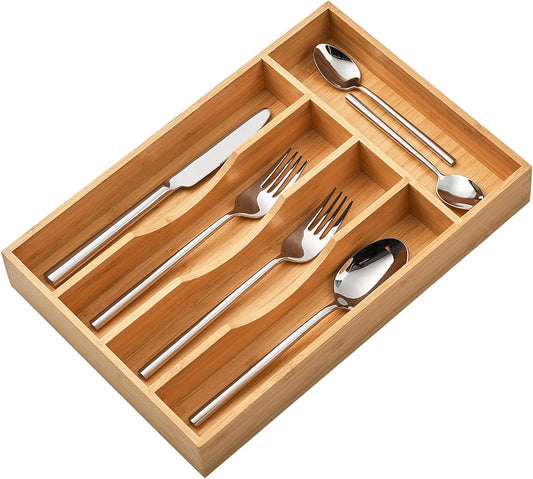 Umilife Bamboo Kitchen Drawer Organizer, 8.25 Inch Silverware Utensils Tray Holder for Small Drawer, Wood Caddy for Flatware Cutlery Knives
