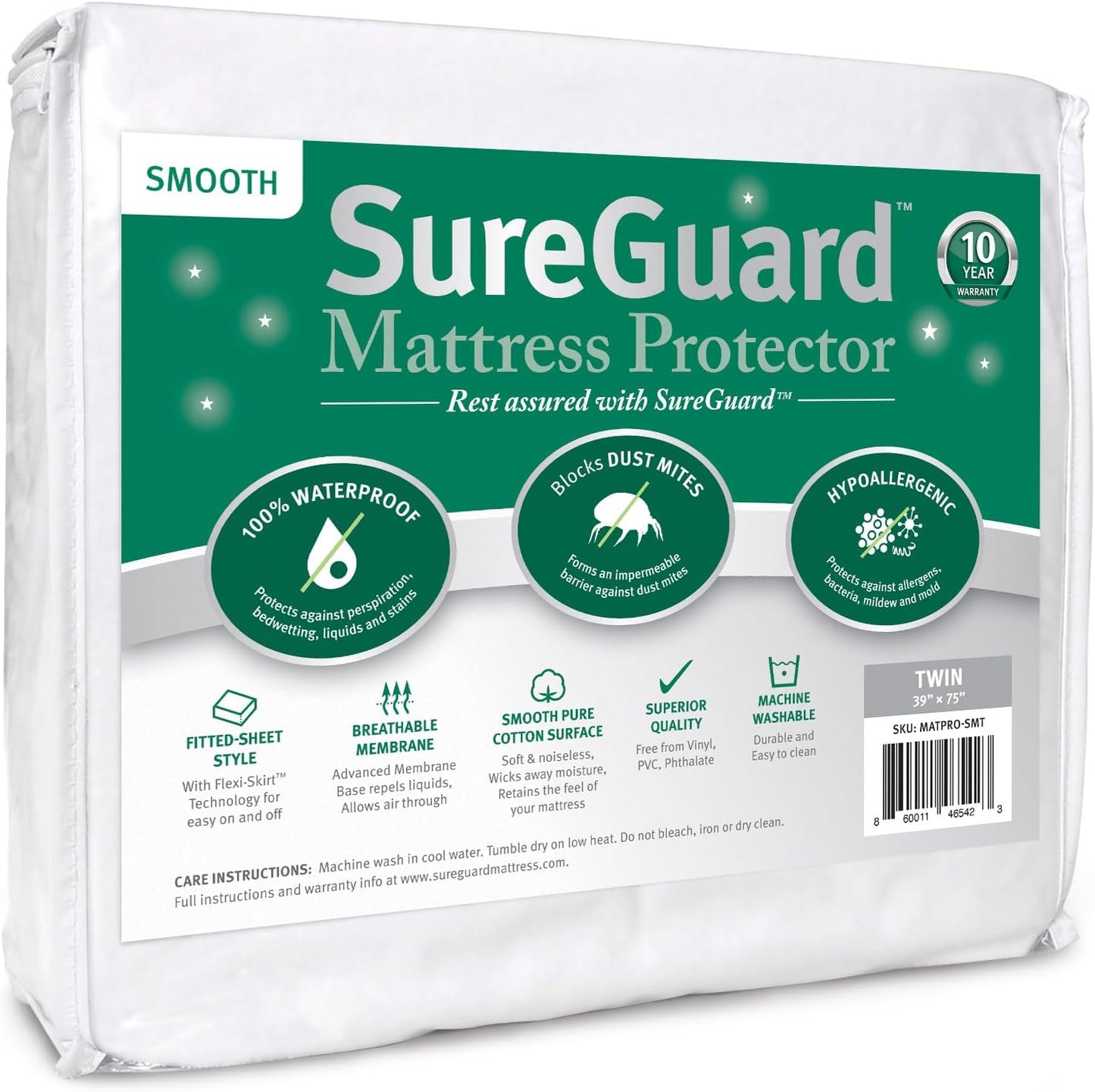 SureGuard Twin Size Mattress Protector - 100% Waterproof, Hypoallergenic - Premium Fitted Cotton Cover - Smooth