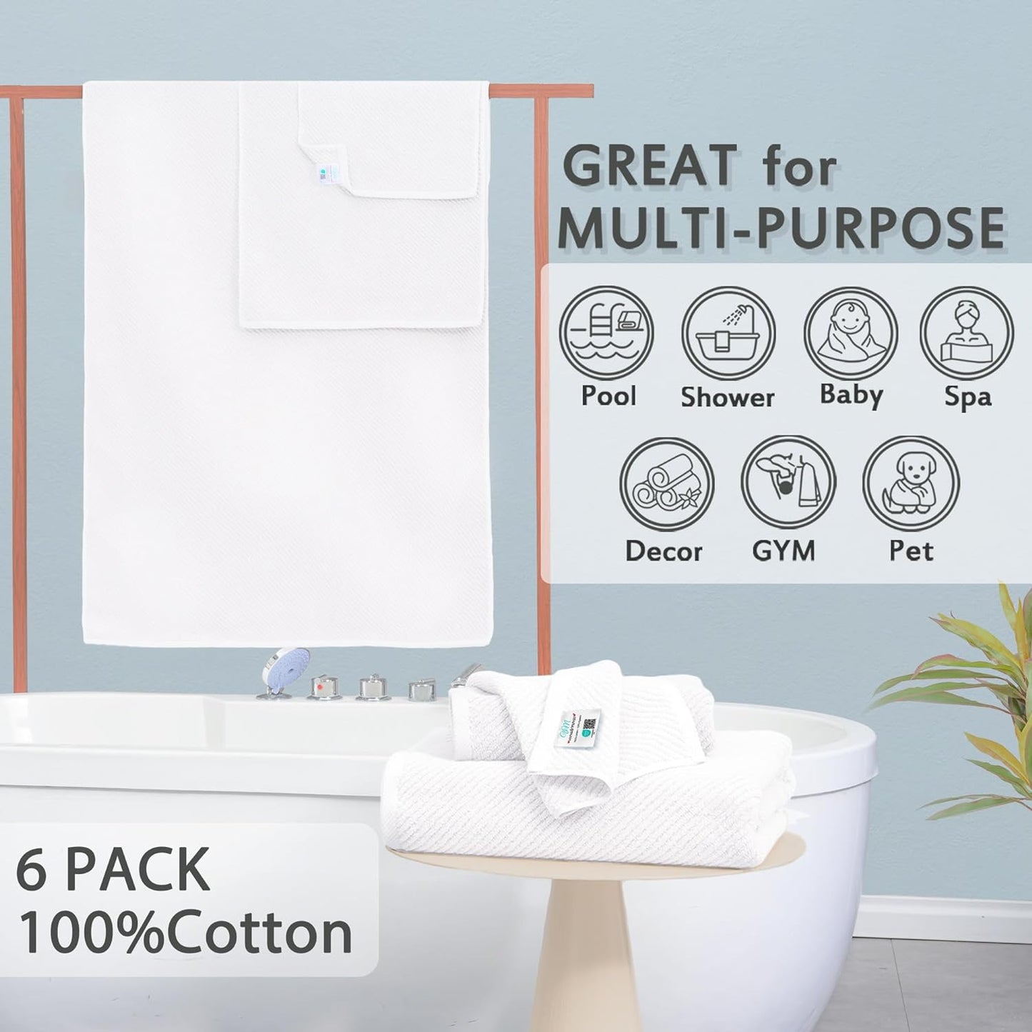 VOOVA & MOVAS White Towels Bathroom Sets - 100% Cotton | Quick Dry | Lightweight | Thick, 6PCS Bath Towels Set, 2 Large Bath 30"x56", 2 Hand 18"x28", 2 Wash Cloths 13"x13", Hotel Shower Towel Luxury