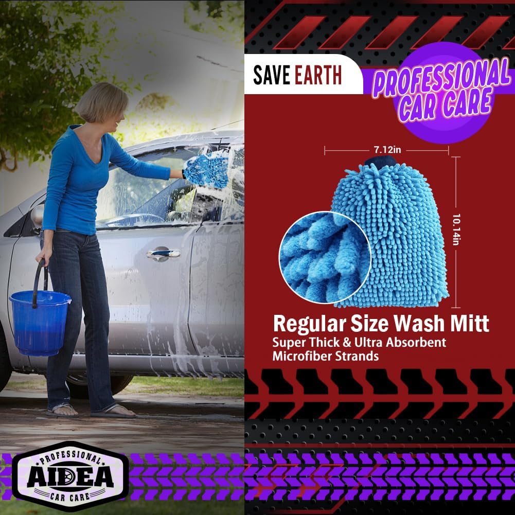 AIDEA Car Wash Mitt Microfiber-2PK, Scratch-Free& Lint-Free, Premium Chenille Microfiber Wash Mitt-Blue Regular Size (7.12''X10.14'')