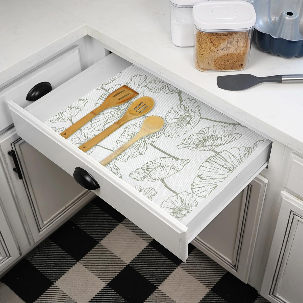 Shelf Liner for Kitchen Cabinets Non Adhesive Kitchen Drawer Liner,Non-Slip Lotus Cabinet Liner Shelf Paper,Pantry Shelf Liners for Cabinets Dresser Cupboard Liner Decorative 15.7In x 10FT