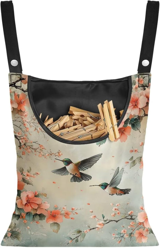 2 Pcs Hummingbird and Flowers Clothes Pin Bag, Small Hanging Laundry Bag with Hanging Rope Clothespin Bag for Clothes Line Clip Easy Access Clothes Pin Holder for Home Outdoor