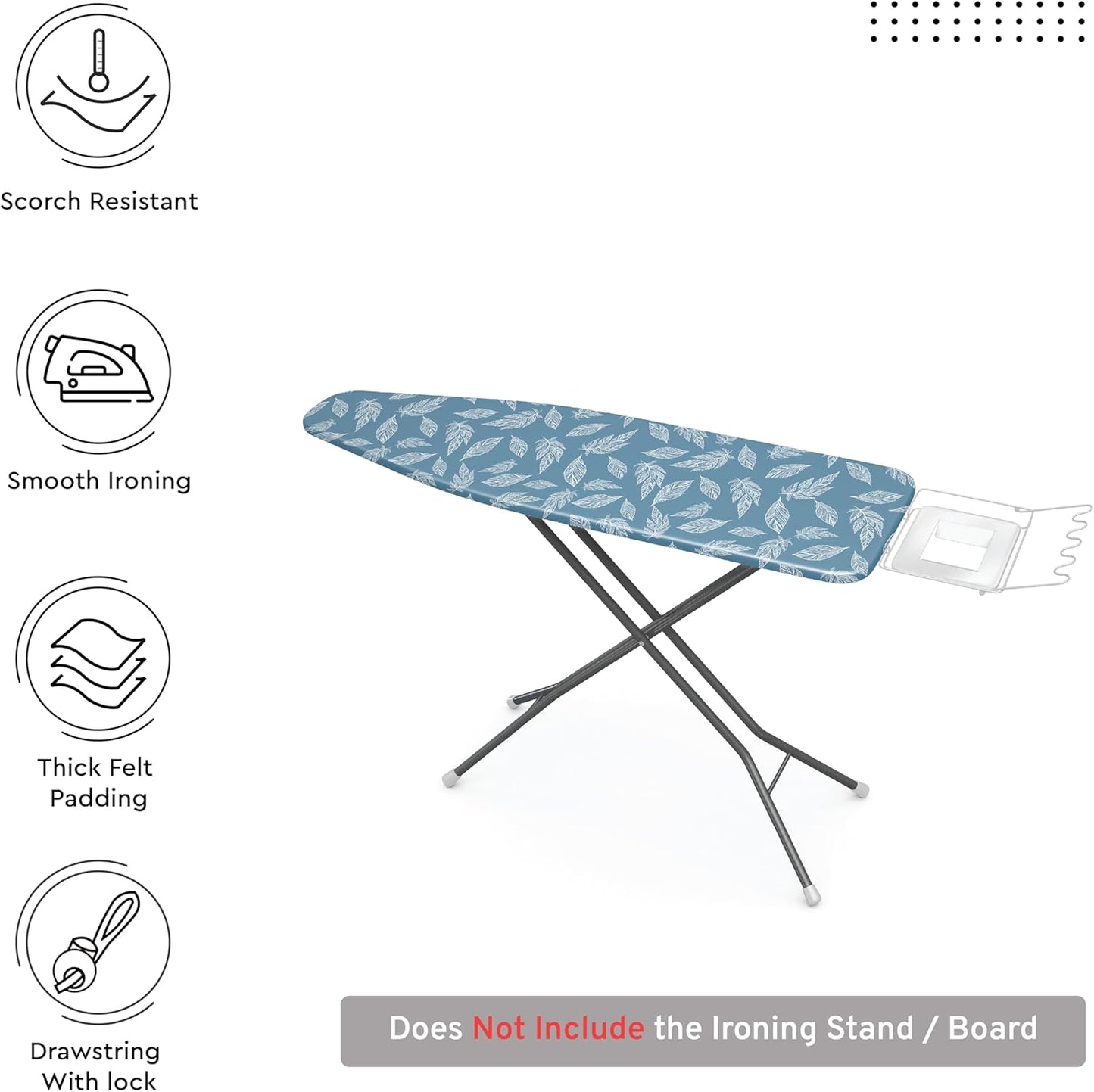 Encasa XO Ironing Board Cover and Pad 57"x22" - Thick 3mm Felt Padding, Drawstring Tightening & Lock, Easy Fit, Scorch & Stain Resistant, Fits X-Large Ironing Board - Big Leaves Blue