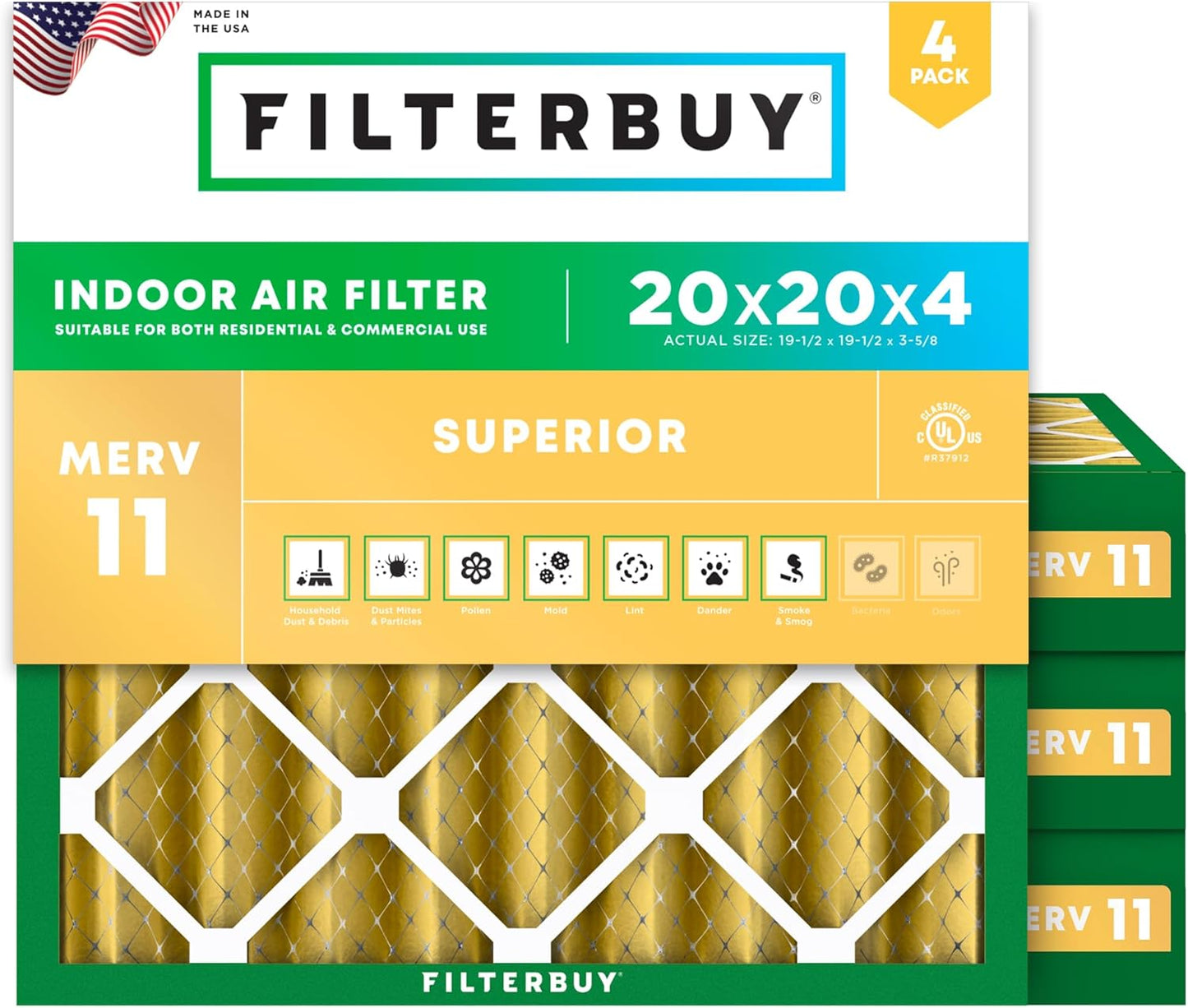 Filterbuy 20x20x4 Air Filter MERV 11 (MPR 1200) Allergen Defense Replacement (4-Pack), Electrostatic Pleated HVAC AC Furnace Filters, Made in USA (Actual Size: 19.50 x 19.50 x 3.63)